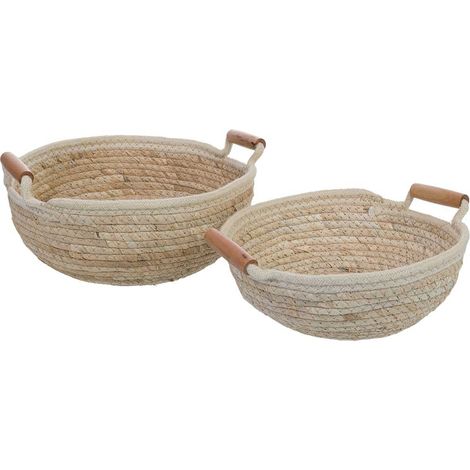 Set 2 cestos de fibra natural y algodón beige D31x13, D27x10.5h cm (1/5)