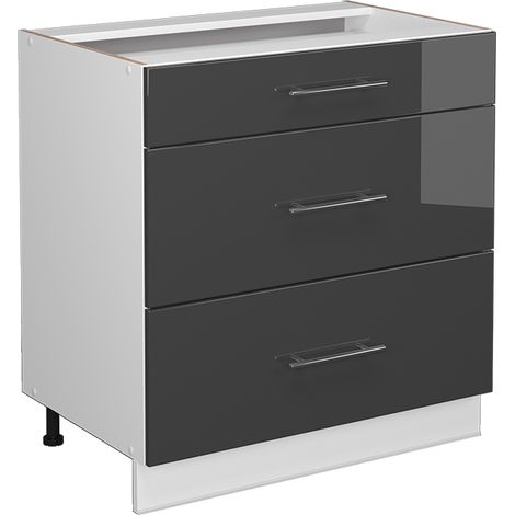Mueble bajo de cocina Fame-Line, Antracita alto brillo, 80 cm con 3 cajones, sin encimera, Vicco