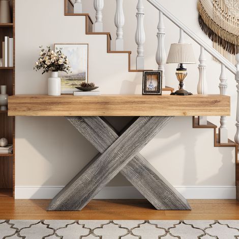 Console Étroite Effet Bois avec Pieds en X, Panneaux de Particules, Table d’Appoint pour Entrée et Salon