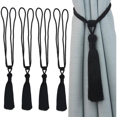 Attache-rideaux à pompons en corde tissée à la main, décoration intérieure, noire, 4 Buc 4 Buc, pour un usage quotidien (1/5)