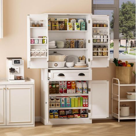 Armoire de rangement 80x40x182 cm blanche en MDF avec 4 portes, 1 tiroir et étagères réglables (1/5)