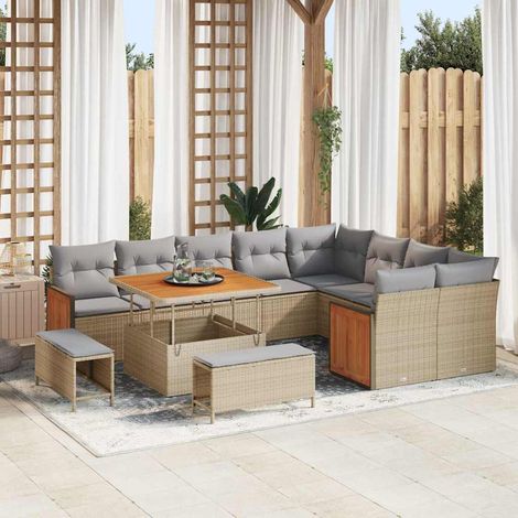 Gartensofa-set mit Kissen 13 pcs Beige und Hellgrau Poly-Rattan (1/5)