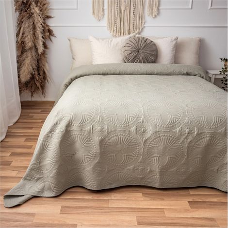 Couvre-lit 200 x 220 cm, motif mandala, jeté de canapé, couverture de lit, couverture de jour, taille XXL, matelassé, beige lin (1/5)