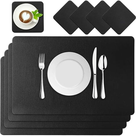 Platzsets, Set aus vier Platzsets/Untersetzern aus Polyurethan-Kunstleder, waschbar und wasserdicht, geeignet für Esstische, Bars und Küchen, schwarz.