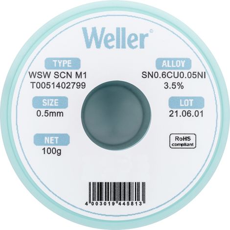 Weller T0051402799 Lötzinn, bleifrei bleifrei, Spule Sn0,6Cu0,05Ni 100 g 0.50 mm (1/5)