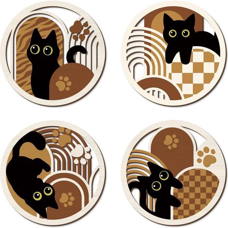 Lot de 4 tableaux muraux ronds - Motif chats noirs - Style bohème - 29 x 29 cm (1/5)