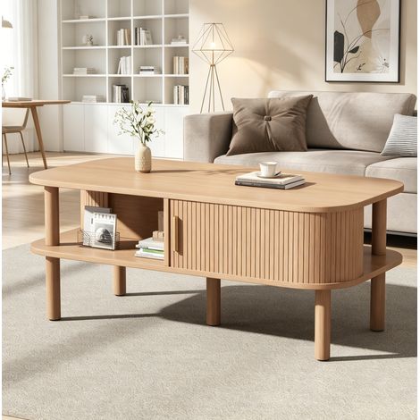Mesa de Centro Escandinava con Puerta Corredera Acanalada y Estante Abierto, para Salón, MDF, 110 × 55 × 45 cm, Natural (1/5)