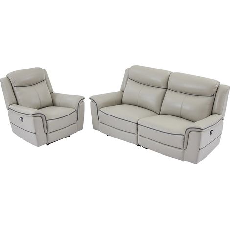 Canapé 3 places et fauteuil relax électrique en cuir gris clair ADELIO (1/5)