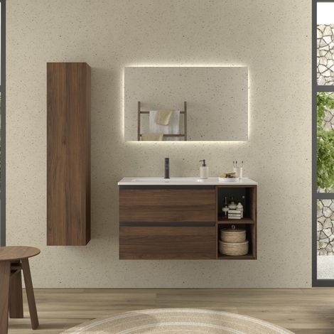 Meuble de salle de bain BEQUIA PLUS METAL 90cm Noyer Vasque Porcelaine Robinet à gauche 2H (1/5)
