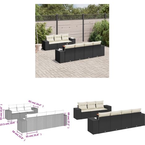 Salon de jardin 8 pcs avec coussins noir résine tressée - Ensemble Salon De Jardin - Meuble Extérieur - Résine Tressée - Rotin Synthétique - Fauteuil Jardin - Home & Living