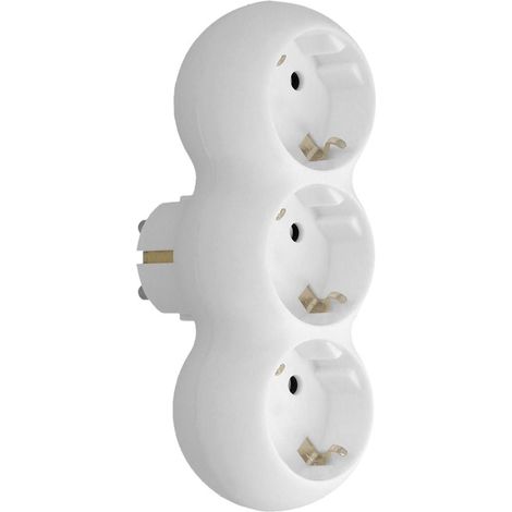 Adattatore Schuko triplo con messa a terra (16A 250V) per uso domestico in plastica bianca