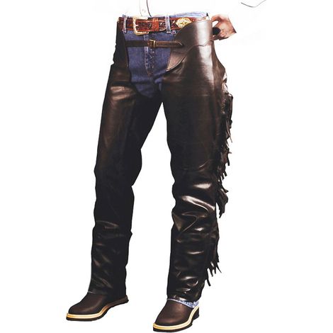 L, Marron: Chaps western en cuir vieilli avec franges