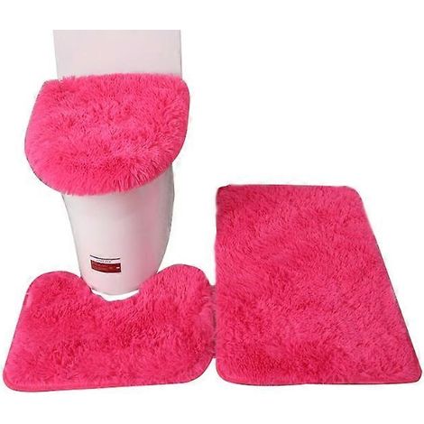 Ensemble 3 pièces : tapis de bain + tapis contour + siège de toilette, tapis de bain antidérapant (rose rouge) (1/5)