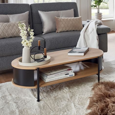 M&S – Table basse double plateau 100x54x37 cm en bois et métal noir – Style ergonomique pour salon moderne – Rangement intégré pour magazines