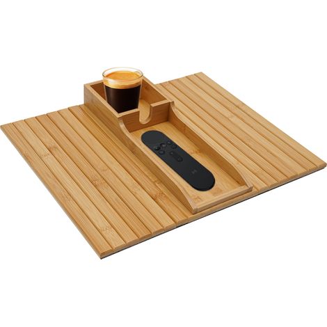 Plateau d'accoudoir pliable en bambou antidérapant pour canapé, avec porte-gobelet, pour la tenue de téléphone, tablette et collations. (1/5)
