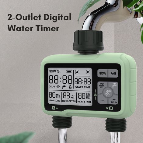 Digitaler Bewässerungstimer mit 2 Ausgängen, wasserdichter, programmierbarer Gartensprenger (IPX5) mit großem LCD-Bildschirm. (1/5)