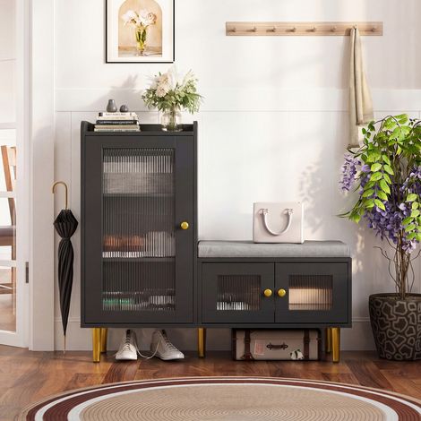 Banc à Chaussures avec Rangement,Meuble à Chaussures avec porte vitrée,Meuble d'Entrée,100x40x82.5 cm,Noir (1/5)