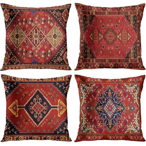 BEBUSINGOTO Lot de 4 housses de coussin Tribal abstrait rouge et noir motif de tapis persan vintage taies d'oreiller décoratives décor à la maison standard carré 18x18 pouces taies d'oreiller (1/5)