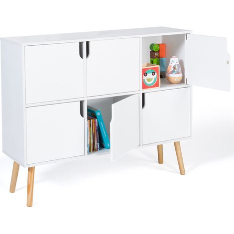 Idmarket – Commode enfant EMMIE 6 cases en bois blanc – Dimensions 100 x 30 x 80 cm – Pieds en hêtre de 20 cm – Fermetures par aimant (1/5)