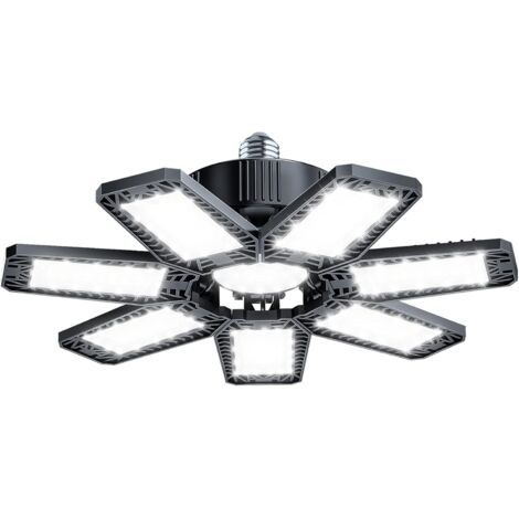 QORVA-200W Éclairage LED Garage, Plafonnier d'atelier à LED 20000LM 6500k, Déformable à 7+1 Panneaux Réglables Lampe Garage, E26/E27 Plafonnier Garage pour cave Magasin Atelier Entrepôt Grange Éclaira