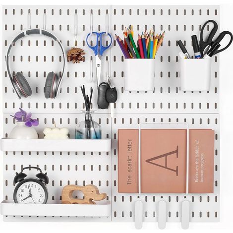 Panneau mural perforé 280 x 280 mm, organisateur de garage en plastique avec 4 panneaux perforés, accessoires, kit de rangement d'outils pour bureau, blanc (1/5)