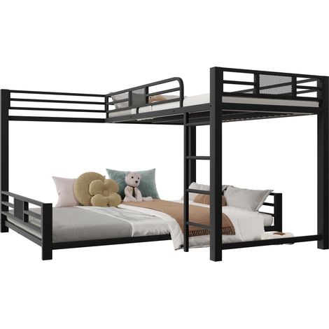 Letto a castello metallico a L 90x200 sopra 140x200, nero, con struttura robusta, reti in metallo e montaggio facile per camere compatte CHICFURN (1/5)