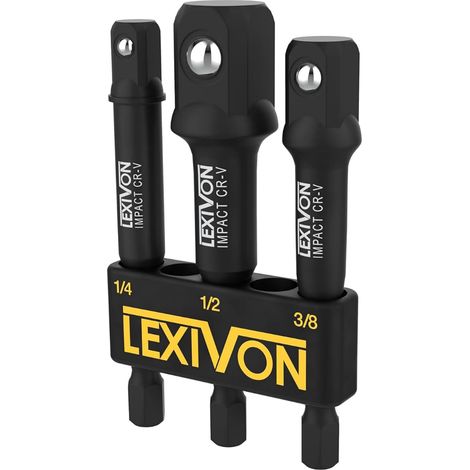 Set d’adaptateurs porte douilles avec embouts rallonges 3 adaptateurs : ¼”, 3/8”, et ½”, permet l’utilisation d’une visseuse comme clé à choc. (LX-101) (1/4)
