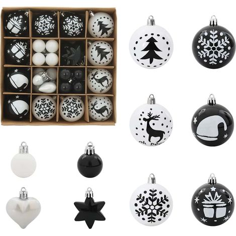 Ensemble de Boules de Noël 40 pcs Noir et Blanc Plastique