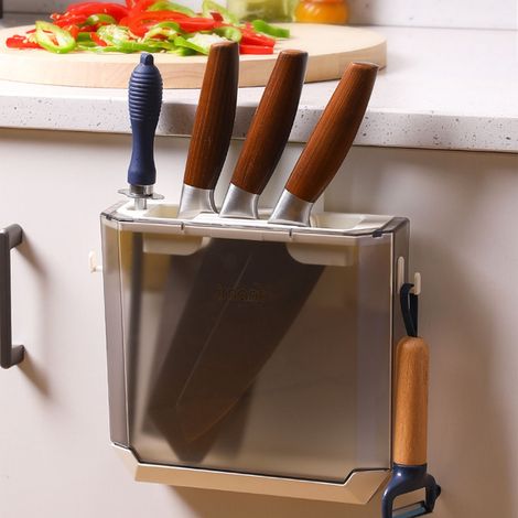 Porte-couteaux transparent en PET, support mural pour couteaux de cuisine, porte-couteaux ultra-fin pour placard, bloc à couteaux dissimulé, porte-couteaux gris en PET (1/5)