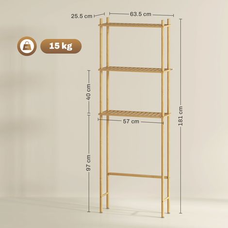 Étagère de rangement à trois niveaux en bambou pour toilettes, 63,5 x 25,5 x 181 cm, avec grain de bois. (1/5)
