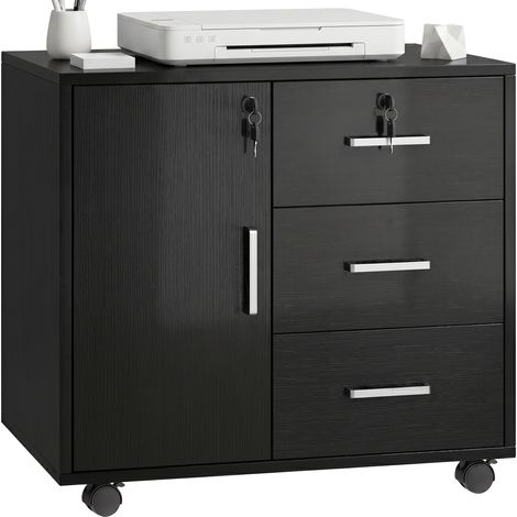 Caisson bureau meuble de rangement verrouillable avec 3 tiroirs et étagère réglable, roulettes, 40 x 60 x 56 cm, noir (1/5)