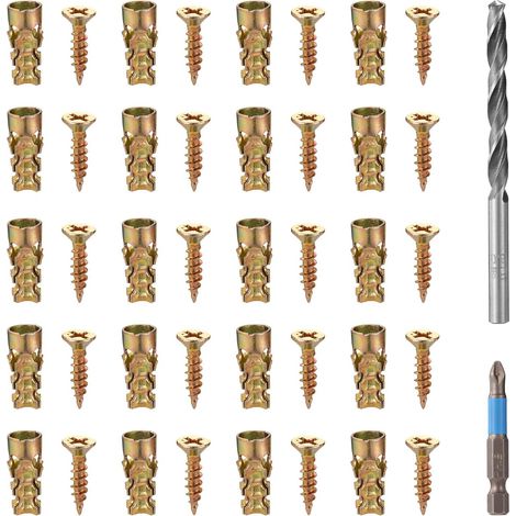 100 6x14mm Vis d'Expansion Courtes Set avec Outils d'Installation, Vis & Chevilles en Fer Galvanisé pour Réparation de Charnières d'Armoire Restauration Filetage Pose Simple (1/5)