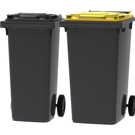 ESE France Lot de 2 Conteneurs Poubelles à déchets 2 roues - 120L & 240L - 100% Recyclé - Gris avec Couvercle Gris et Jaune - Fabriqué en France