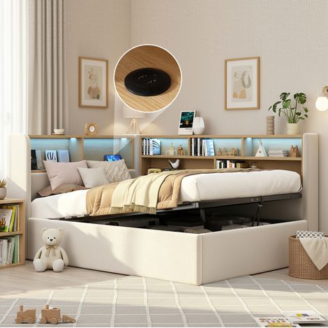Tagesbett Samt Beige mit hydraulischem Stauraum, LED, USB/Type-C und Lattenrost (1/5)