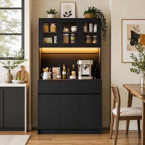 Küchensideboard Wumagin, mit 6 Türen & 3 Schubladen, 178x40x98 cm, mit LED, Steckdosen & USB, für Küche & Esszimmer, Schwarz