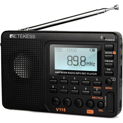 CCYKXA (Black) V115 Portable Radio, Small Rechargeable Radio, FM AM SW, Battery and Mains Powered, TF Card, Recorder, MP3, Sleep Timer, Bathroom, Kitchen (1/4)
