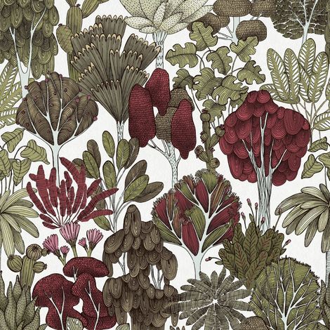 Carta da parati natura Profhome 377572 Carta da parati TNT liscia con ornamenti floreali opaca verde giallo bianco rosso 5,33 m2