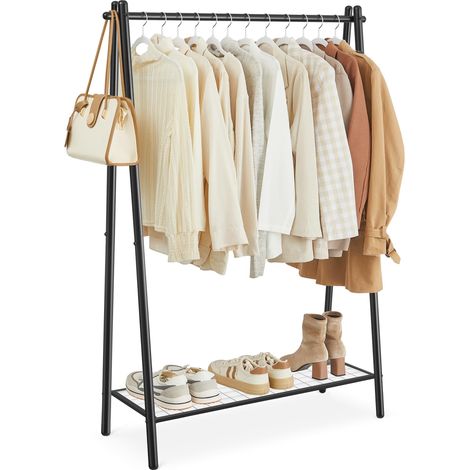 Portant à Vêtements, Porte-vêtements, Porte-manteau, Penderie, Cadre en Acier, avec Tringle et Étagère, 33,5 x 92,5 x 153 cm, pour Chambre, Vestiaire, Buanderie, Noir Mat HSR23BK (1/5)