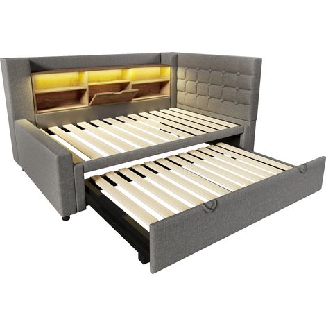 Cama tapizada gris 90x200 cm con cama nido 90x190 cm, LED y almacenaje HOMVRA (1/5)