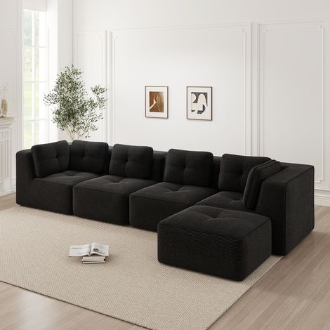 Canapé de salon modulaire sans ossature, canapé 4 places confortable avec assise profonde, coussins moelleux et revêtement en cord, pas de montage requis et avec design antidérapant, noir (1/5)