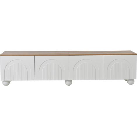 Meuble tv 180x35x33,5 cm blanc avec vitrines, ensemble 4 pièces avec étagères murales, pour écran jusqu’à 80 pouces