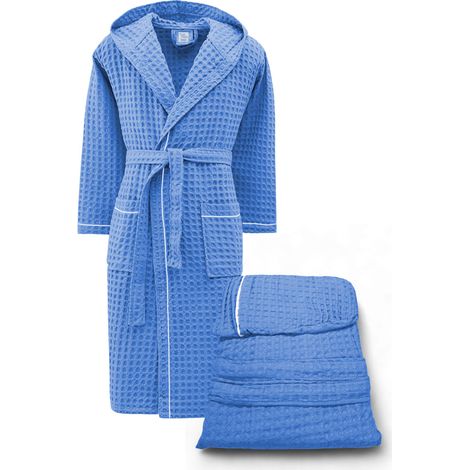 Peignoir en coton avec capuche pour homme et femme, nid d'abeille BEEApone®, bleu clair, séchage rapide, doux M