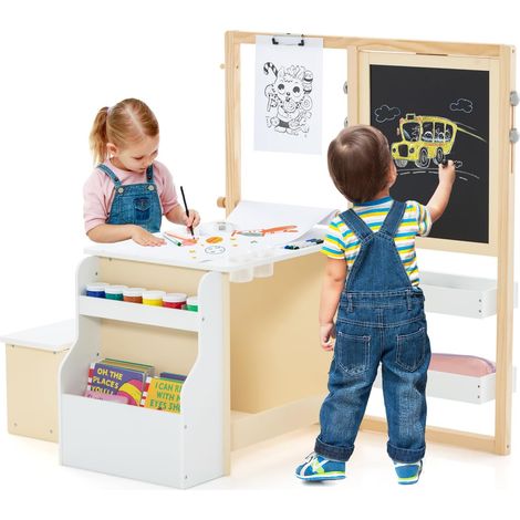 COSTWAY Tavolo Bambini con Sedie 3 in 1, Set Tavolo e Sedie per Bambini in Legno 114 x 81 x 100cm con Lavagna Cancellabile e Regolabile, Libreria, Scaffale e Accessori per l'Arte (Bianco) (1/5)