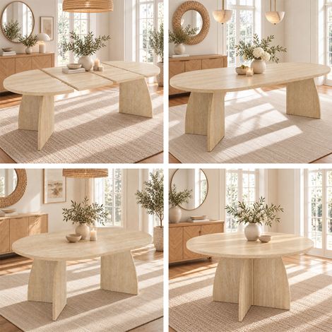 Table de salle à manger extensible, 100/140/180 x 100 cm, idéale pour 4 à 8 personnes, conception télescopique en deux parties, style minimaliste, plateau ovale en travertin (1/5)