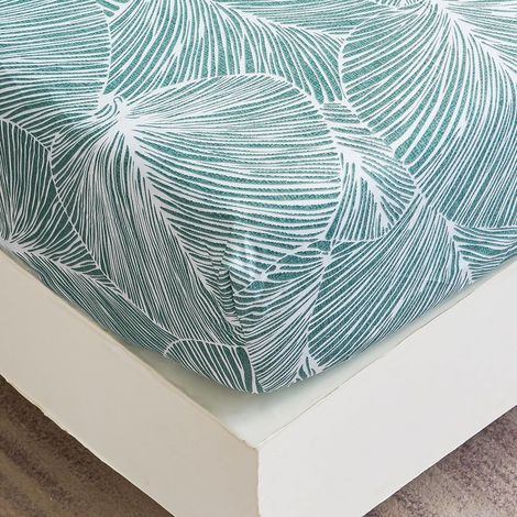 Drap Housse 160x200 cm 2 Personnes avec Grand Bonnet de 30 cm - Drap-Housse Microfibre Doux à Motif Feuilles Tropicales - Vert Clair (1/5)