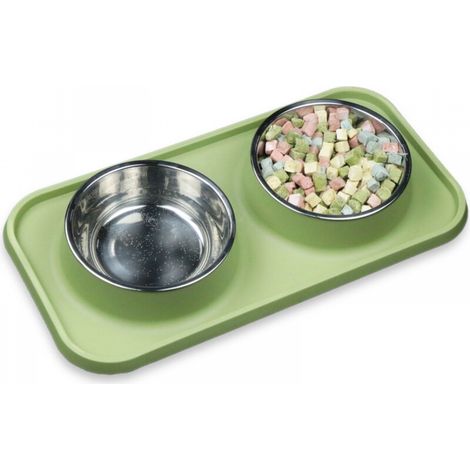 Gamelle pour chat verte 39 x 20 x 5 cm, 1 gamelle antidérapante et anti-déversement en silicone PP + acier inoxydable amovible (1/5)