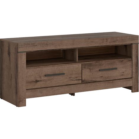 Meuble TV avec 2 tiroirs et une étagère, coloris Chêne marron foncé- Longueur 140 x Profondeur 45 x Hauteur 61 cm (1/5)