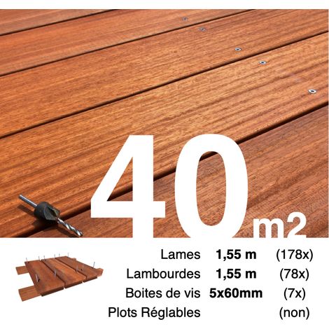 Kit terrasse bois exotique PADOUK pour 40 m² • Lames 1,55 m, lambourdes 1,55 m et visserie Inox • Livraison gratuite (1/4)