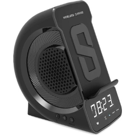 Tragbarer und stylischer 3-in-1-Bluetooth-Lautsprecher mit Wecker und Schnellladegerät, ideal für den Einsatz im Freien. (1/5)