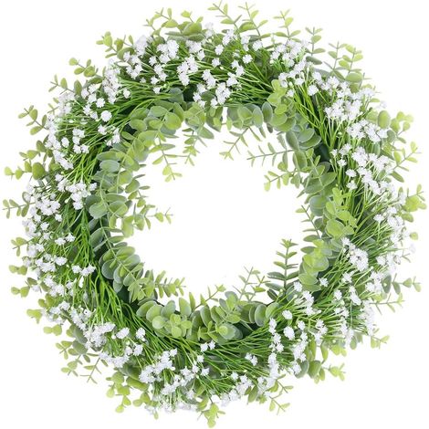 Couronne de gypsophile blanche artificielle, décoration de porte de 43 cm, fleurs printanières naturelles, petite couronne pour mur, extérieur, mariage, décoration, etc. (1/5)